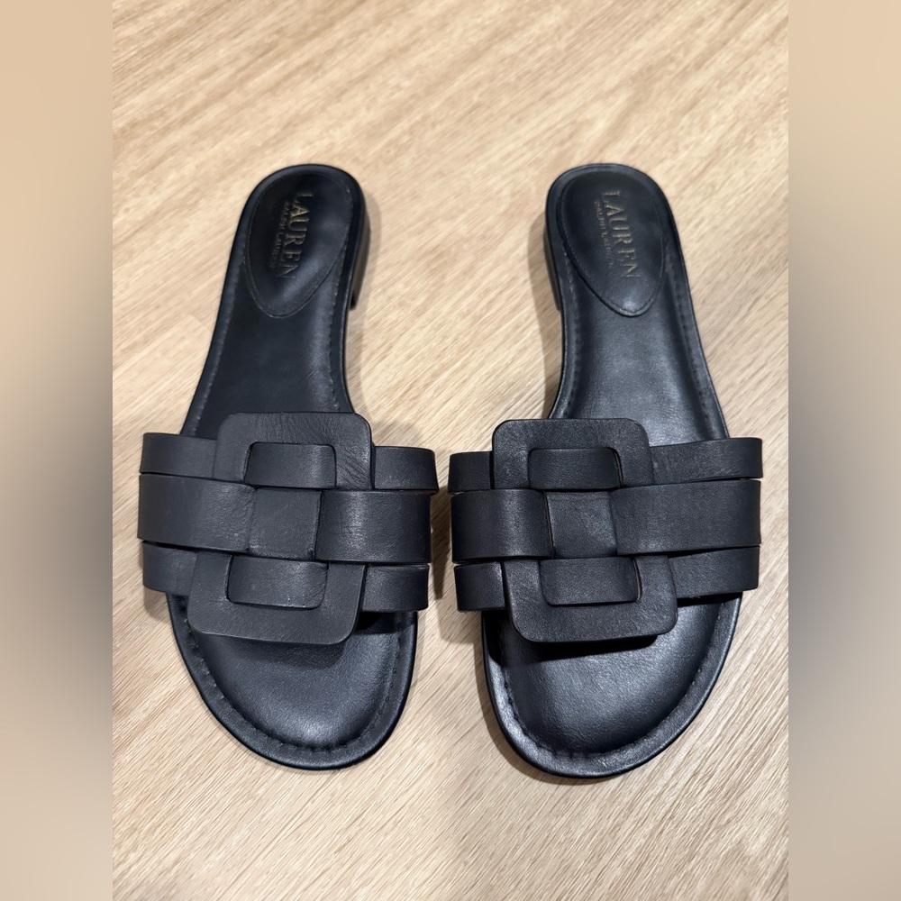 Lauren Ralph Lauren Black Slide Sandals; 100% Real Leather